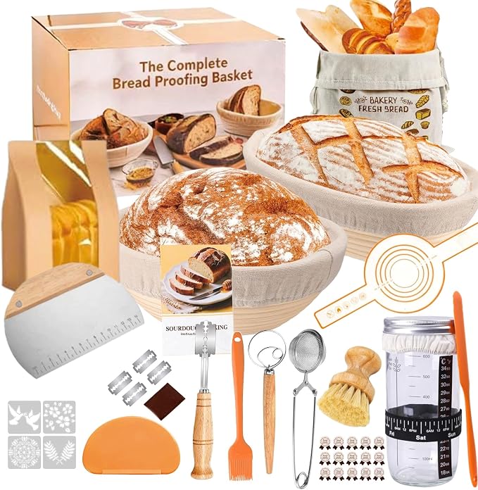 Sourdough Bread Starter Kit with 2 Banneton Proofing Baskets, 34oz Starter Jar, Dough Whisk, Scrapers, Bread Lame, Mat, Sling, Flour Duster & More – Sourdough Tools & Accessories Set