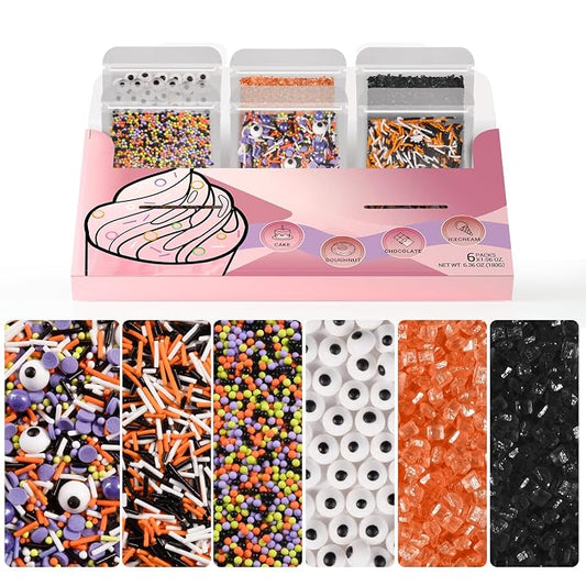 HUEBEATY 6-in-1 Halloween Spooky Sprinkles Edible – 180g Eyeball Candy, Nonpareils, Jimmies, Black and Orange Sugar Sprinkles for Cupcakes, Cookies, Cakes Baking and Decorating – Halloween Edible Topper Decorations