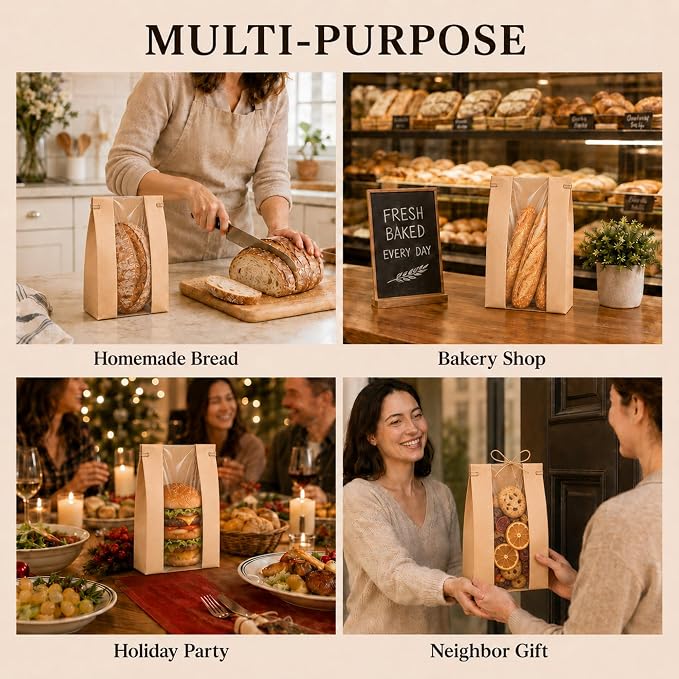 NPLUX 50 Pack Sourdough Bread Bags for Homemade Bread with Tin Tie Tab Lock Bakery Bags with Window kraft Bag for Toast Sandwich Cookie Snacks, Graduation Gift Bags(8.27x13.6x3.54In)