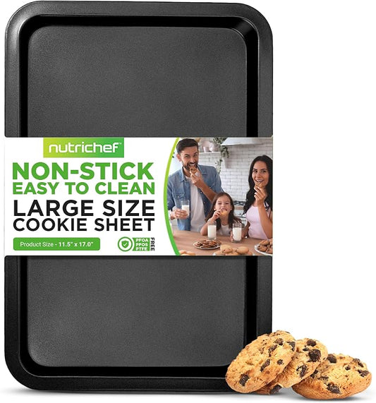 Nutrichef Large Cookie Sheet, Nonstick Gray Silicone Coating, Easy Clean & Durable Baking Sheet, Commercial Grade Oven Pan, Stackable Tray Design, Dishwasher Safe, PFOA, PFOS, PTFE Free, 17" x 11.5"