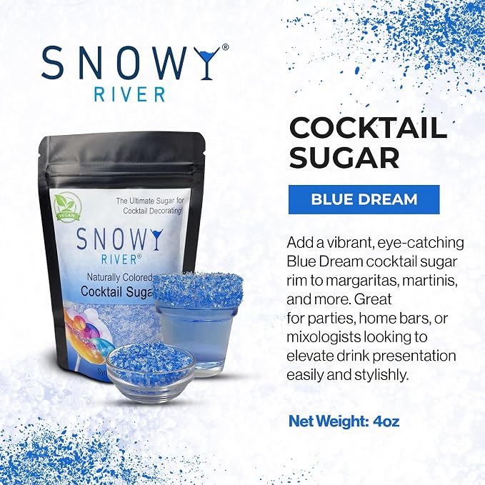 Snowy River Blue Dream, Cocktail & Margarita Sugar Rimmer - Vibrant Naturally Colored Sugar for Cocktail Rimming, Baking & Decorating, Medium Crystal - 4oz