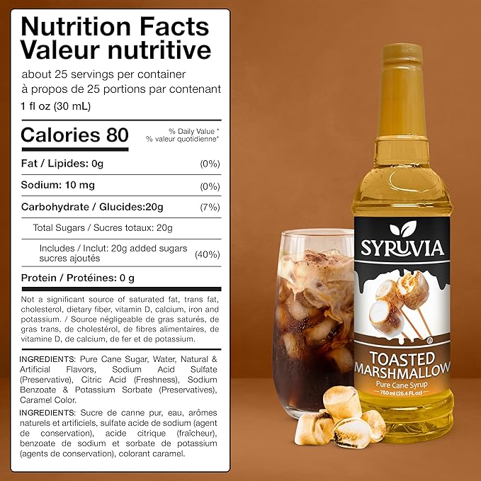 Syruvia Coffee Syrup, Toasted Marshmallow Flavored Syrup for Drinks, Lattes, and Desserts – 25.4 fl oz - with Pump
