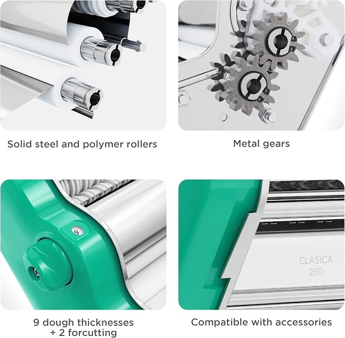 PASTALINDA Classic 260 Pasta Maker Machine, 26 cm Wide Rollers, 9 Thickness Positions, 2 Cutting Positions, Stainless Steel. Includes Reinforced Hand Crank And Two Clamps (Green)