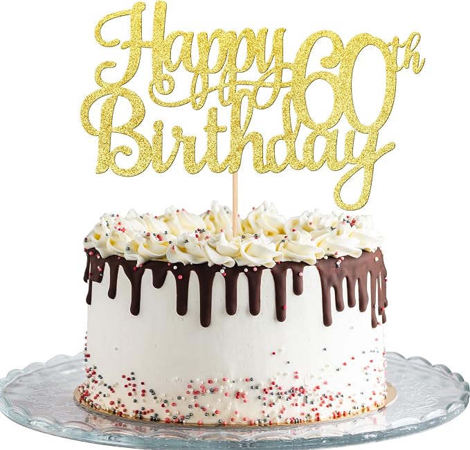 1 PCS Happy 60th Birthday Cake Topper Gold Glitter Cheers to 60 Years Birthday Cake Pick 60 Fabulous Cake Decoration for Happy 60th Birthday Anniversary Party Decorations Supplies