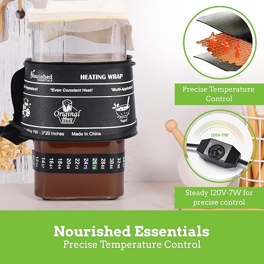 Nourished Essentials | Kombucha Heating Wrap Black - 3''x20'' - Precise Temperature Control for Kombucha Brewing Kit and Fermentation Heater Pad - Homebrew, Germination Supplies and Sourdough Starter