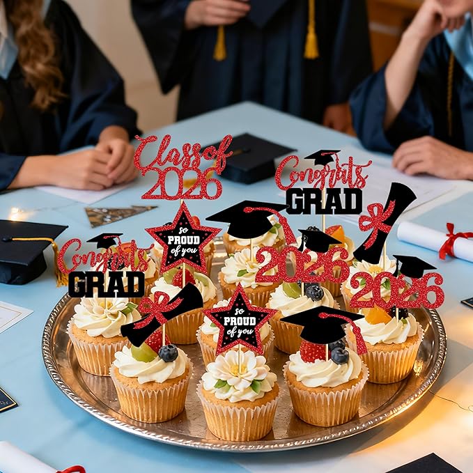 48 PCS Graduation Cupcake Toppers, Glittery 6 Styles Congrats Grad Cake Topper, Black and Red Graduation Decorations 2026, Cap and Diploma Cake Picks for Grad Party Supplies