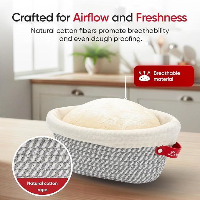 Levainé 2 Pack Cotton Rope Banneton Bread Proofing Basket Set, Round & Oval Sourdough Proofing Baskets with Liners and Covers, Washable Bread Baking Supplies for Homemade Artisan Bread