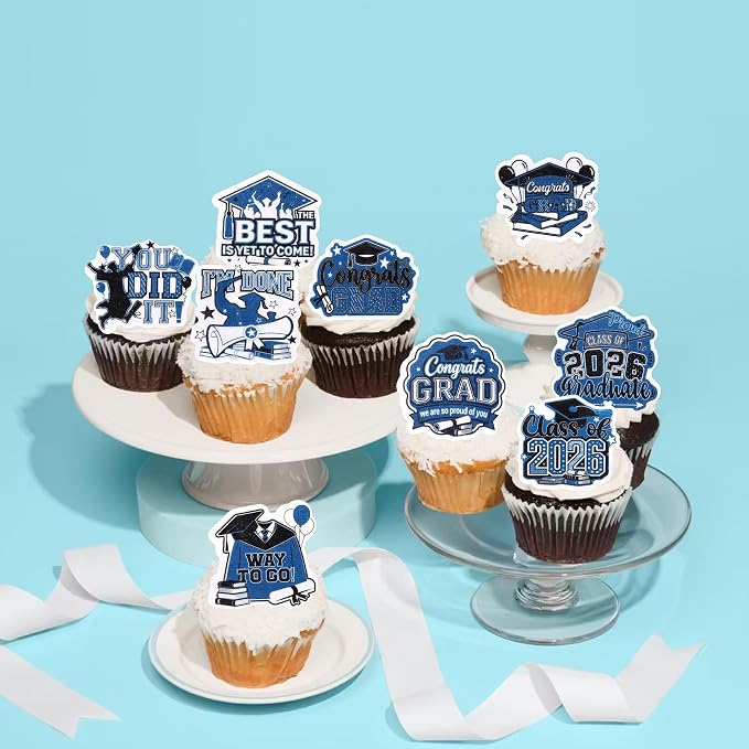 63 PCS Edible 2026 Graduation Cupcake Toppers Congrats Grad Cap Cupcake Picks Edible Diploma Done You Did it Cake Decorations for Class of 2026 Graduation Theme Party Decorations Supplies Black Blue