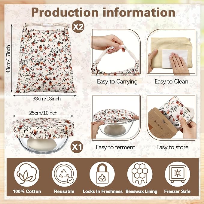 Reusable Beeswax Bread Bags for Homemade Bread Sourdough (2 Pcs 13x17in Bags + 10in Bowl Cover) Floral Cotton 100% Natural Beeswax Coating, Plastic-free Food Storage Wrap(Vintage Flower)