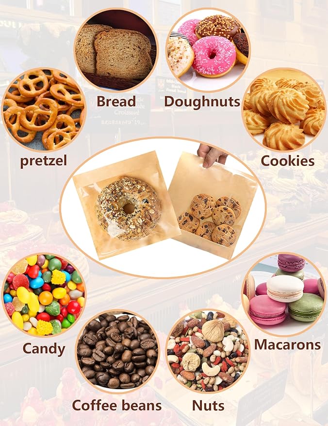 100 Self Sealing Sandwich Bags with Window, Paper Cookie Bags with Seal, Grease Resistant To Go Bakery Sleeves for Packaging Bagels, Donuts, Scone, Brownie, Small Pastries and other Treats
