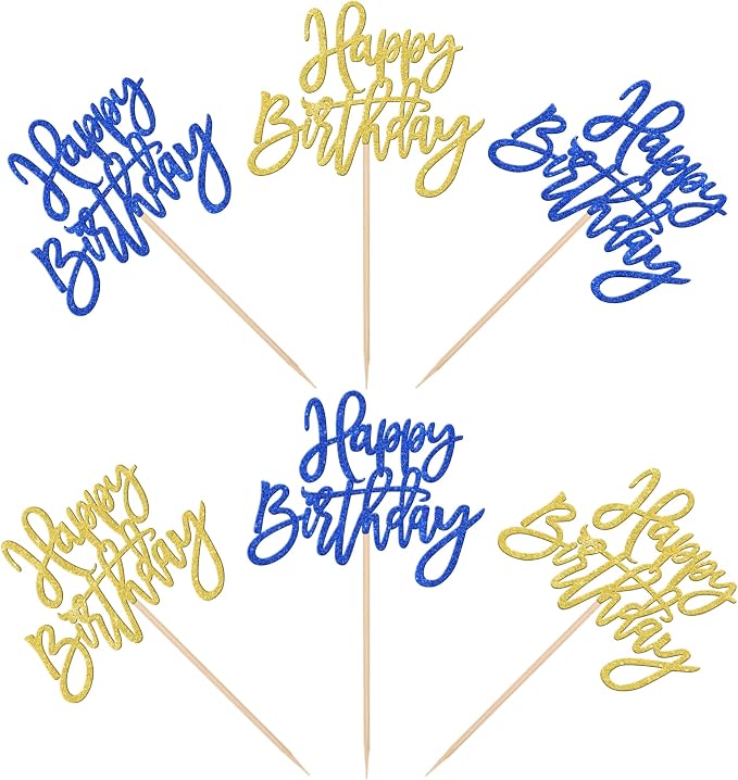 24 PCS Happy Birthday Cupcake Toppers Glitter Happy Birthday Cupcake Picks for Celebrating Anniversary Theme Party Cake Decorations Supplies Blue Gold
