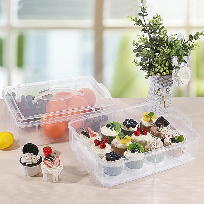 BSTKEY 2 Tier Cupcake Carrier, Each Tier Holds 12 Cupcakes, 2 in 1 Stackable Cupcake Container and Cake Keeper with Lid, Clear Plastic Box Holding 24 Pastries for Birthday Party Bakery Supplies