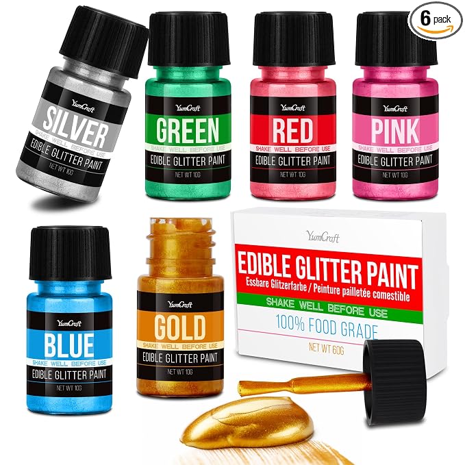 Edible Glitter Paint Set, 6 Food Colors with Gold, Blue, Silver, Green, Red, Pink, Food Grade Liquid Luster Dust for Chocolate, Drinks, Cake, Candy, Shimmering Powder Glitter for Christmas Festival