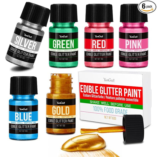 Edible Glitter Paint Set, 6 Food Colors with Gold, Blue, Silver, Green, Red, Pink, Food Grade Liquid Luster Dust for Chocolate, Drinks, Cake, Candy, Shimmering Powder Glitter for Christmas Festival