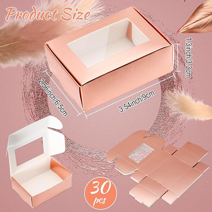 Zonon 30 Pcs Soap Boxes for Homemade Packaging, Mini Kraft Boxes with Window for Bakery Candy Soap Making Gift Packaging, 3.7x2.6x1.4 Inch (Rose Gold)