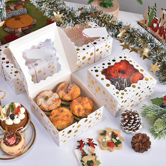 32Pcs 6x6x3 in Christmas Cookie Boxes with Window, White Bakery Boxes for Cookie, Treat Boxes Pastry Boxes for Gift Giving, Chocolate Covered Strawberries, Dessert, Donut, Cupcakes Muffins