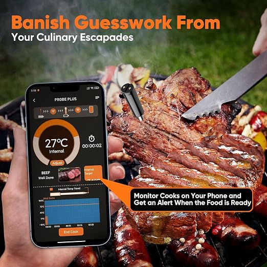 Wireless Meat Thermometer Bluetooth with Ceramic Probe: Waterproof Digital Oven Food Thermometer for Grill Fryer BBQ, 600Ft Range & Smart App for iOS/Android/air Home, Apartment
