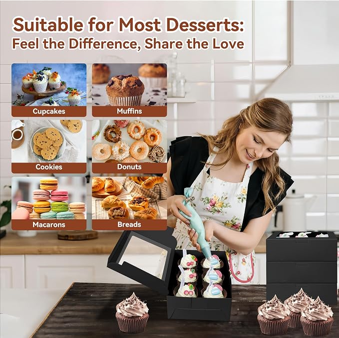 50-Set Cupcake Boxes Bulk with Clear Display Window Hold 6 Standard Cupcakes, Disposable Food Grade Black Cupcake Carrier Cupcake Container, Perfect for Cupcakes Muffins Cookies Pastries