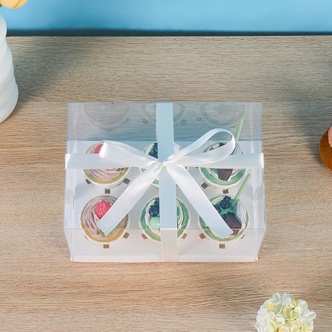 3Pcs Clear Cupcake Boxes,6 Count Cupcake Containers with Gift Ribbon,Plastic Cupcake Carrier Holder for Dessert Cookies Muffins Pastry (White/clear, 6 Count/3ps)