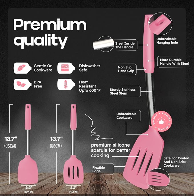 BakeRoyal Silicone Spatula Set - Turner Spatulas Silicone Heat Resistant 600°F - Slotted & Solid Spatula for Cooking Fish, Eggs, Pancakes Flipper – Spatulas for kitchen use – Pink