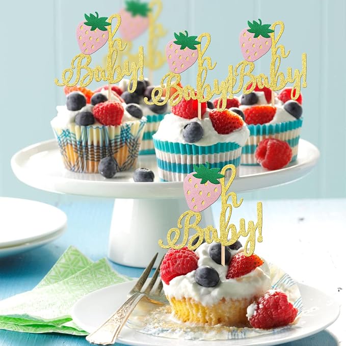 24 PCS Strawberry Oh Baby Cupcake Toppers Glitter Baby Shower Strawberry Cupcake Picks for Fruit Theme Baby Shower Kids Boys Girls Birthday Party Cake Decorations Supplies Gold