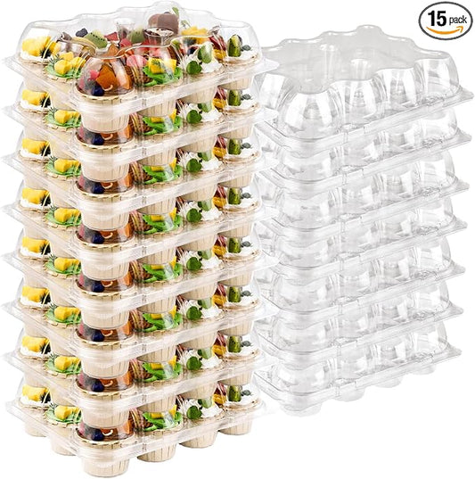 12 Counts x 15 Sets Cupcake Containers 12 Count Cupcake Boxes Plastic Cupcakes Carrier Holders for Clear Plastic Disposable Cupcakes Containers with Detachable Tall Lid