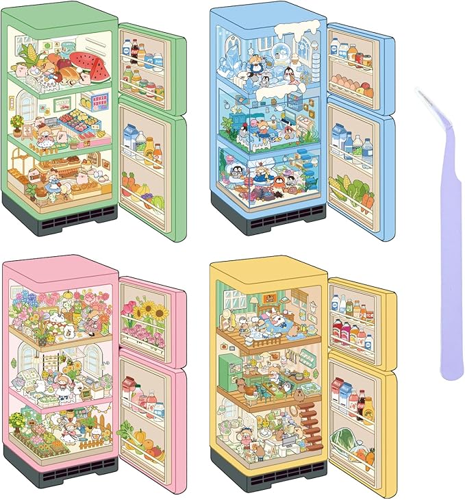 Girls 3D Miniature Scene Stickers,4 Sets Mini Refrigerator DIY House Stickers for Summer Stalls,Colorful World,Underwater World,Warm Home,3D Sticker Scenes for Adult Kids Relief Stress Pass The Time