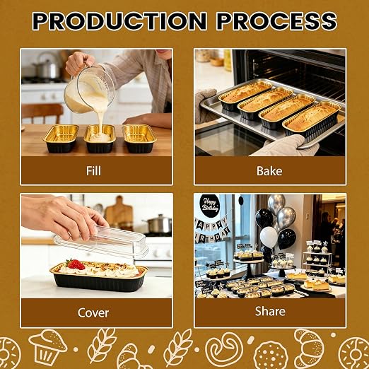 NPLUX 50 Pack Mini Cake Pans with Lids and Spoons Black Gold Rectangular Aluminum Foil Baking Pans Mini Cheesecake Containers, Graduation Gifts Party Favors(6.8oz)