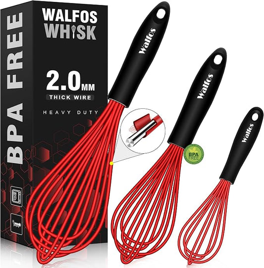 Walfos Whisk,Silicone Whisks- Heat Resistant（480°F） Silicone Whisks for Cooking Non Scratch,BPA free and Dishwasher Safe.Perfect for Blending,Whisking,Beating, Set of 3(Red)