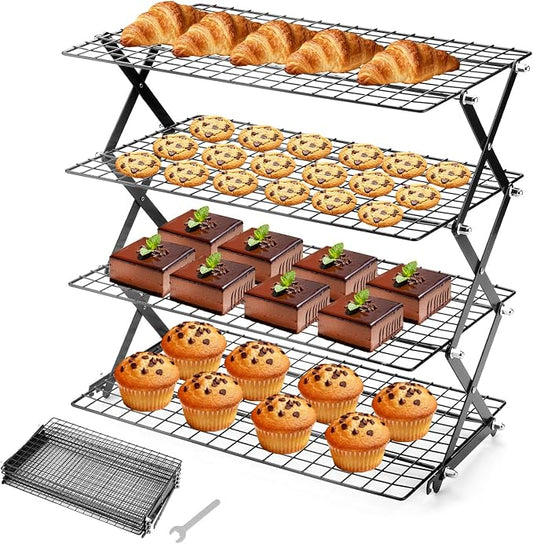 4-Tier Stackable Cooling Rack for Baking, Collapsible Wire Cookie Rack with Adjustable Heights, Non-Stick Roasting & Drying Rack for Cupcakes, Pies and Pastries, Space-Saving Kitchen Essential