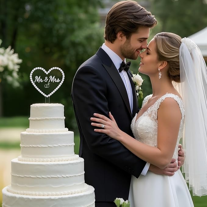 Coucoland Mr and Mrs Cake Topper - Heart Wedding Cake Decor with Elegant Mini Pearl Beads for Engagement Bridal Anniversary