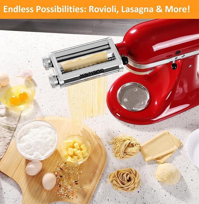 FavorKit Pasta Maker Attachment for KitchenAid Stand Mixers, Sturdy 3 in 1 Set Included Pasta Sheet Roller, Spaghetti and Fettuccine Cutter Accessories, Metal Construction, Unique Design