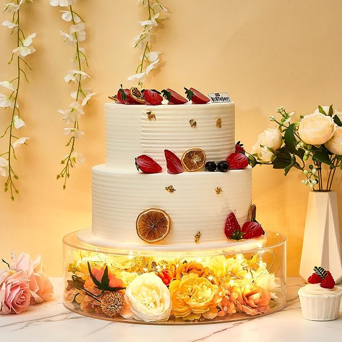 Sintuff 3 Pcs Acrylic Cake Stand with LED Lights 10'', 12'', 14'' Clear Fillable Cake Riser Round 3 Tier Case Box for Wedding Birthday Holiday Party Food Display, 3 Sizes