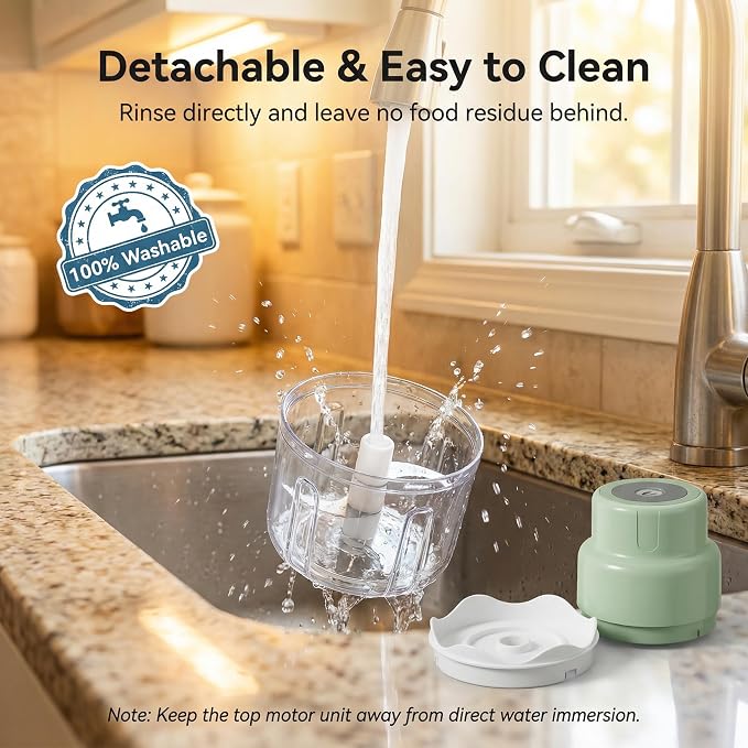 TaiWaggers Mini Electric Garlic Chopper, Dual-Cup Electric Mini Garlic Chopper,Portable Wireless Food Processor for Vegetables, Onion, Ginger, Chili, Meat – Rechargeable, Splash-Proof（Light Green）
