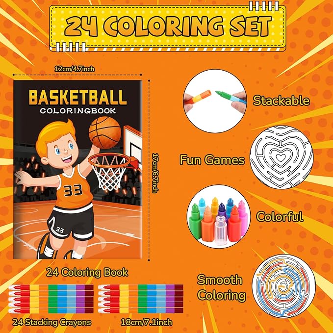 BenLouis 24 Basketball Mini Coloring Books Kids with 24 Stacking Crayons Basketball Party Favors Activity Books Bulk for Kids Sports Goodie Bag Gift Stuffer Classroom Reward