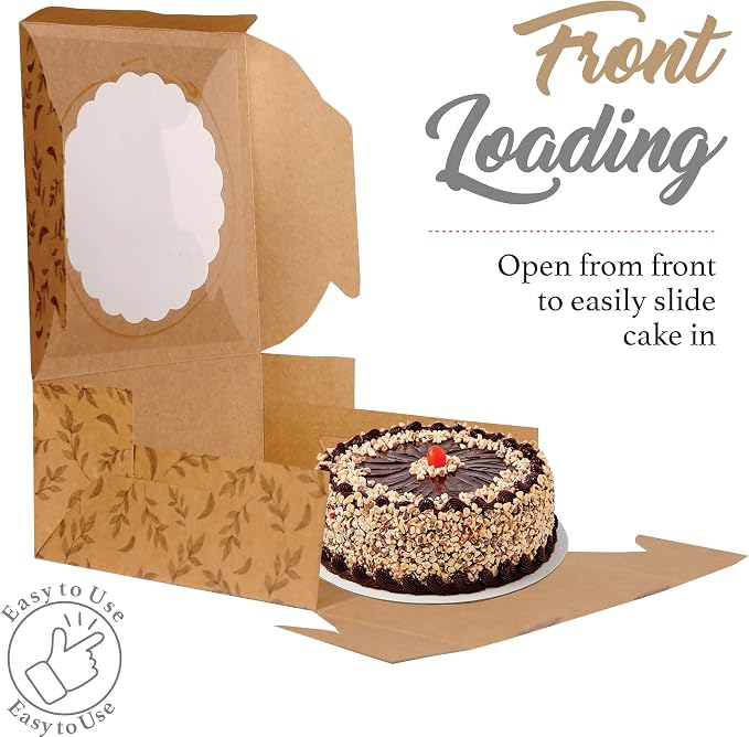 Kraft Cake Boxes with Window (10pcs) - Brown Bakery Boxes for Cakes, Donuts, Pie, Cookies, Cupcakes, Chocolates, Desserts: Size 10x10x5 Inches