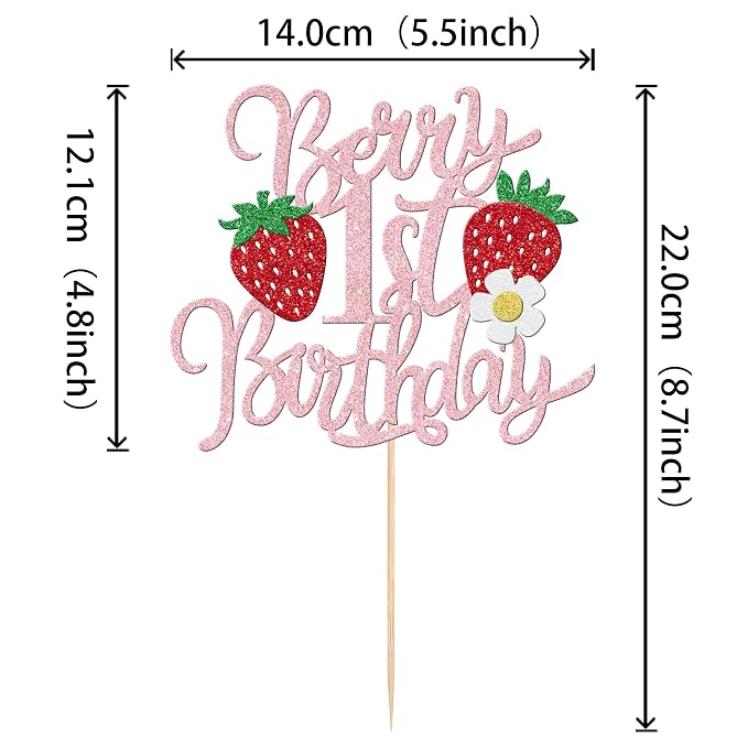 1 PCS Berry 1st Birthday Cake Topper Glitter Sweet Fruit Theme Flower First Birthday Strawberry One Cake Pick for Strawberry Theme Baby Shower 1st Birthday Party Cake Decorations Supplies Pink