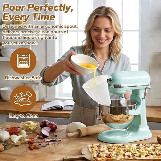SelfTek 2 Pack Mess-Free Flour Funnel for Kitchen aid Mixer - for Artisan Ksm150 4.5-5 Tilt-Head Models, Fu-nnel Attachment with Scraper for kitchenaid Stand Mixer, Easy-Pour (2 Funnel & 2 Scraper)