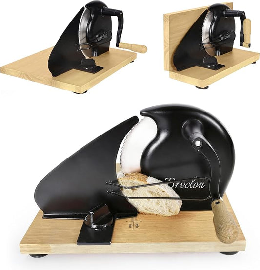 Foldable Manual Bread Slicer with Wooden Board & Foldable Handle,0-0.9" Adjustable Thickness,Serrated Blade & Suction Cup,Bread Slicer for Homemade Sourdough Bread,Soft Bread,Bagels,and More (Black)
