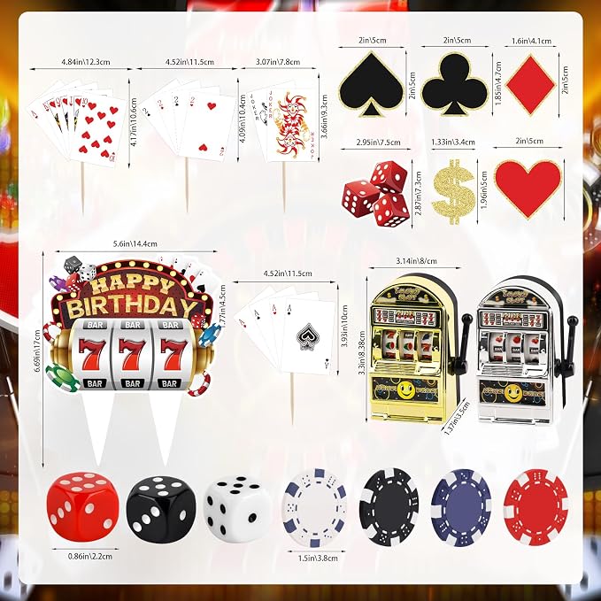 24 Pieces Casino Cake Topper Set with Mini Toy Slot Machine Poker Casino Cupcake Toppers for Casino Game Night Birthday Party Decorations Supplies