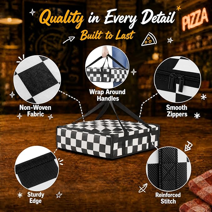 Checkered Pizza Bags for delivery, Black White Checkerboard Insulated Pizza Delivery Bag, Pizza Warmer Bag Pizza Carrier for Food Delivery Bag 20’’x20’’x6’’