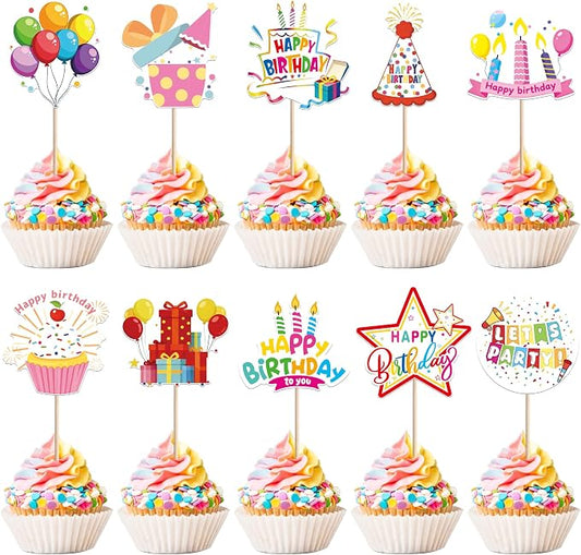 40 PCS Happy Birthday Cupcake Toppers Balloon Star Cheers Party Time Firework Cupcake Pciks Happy Birthday Cake Decorations for Celebrating Anniversary Theme Party Cake Decorations Supplies Colorful
