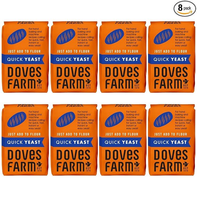 Doves Farm Quick Yeast 4.41 oz (Pack of 8) - Fast Acting Gluten Free Yeast for Baking Bread, Pizza Dough, Rolls | For Hand Baking and Bread Machine | Quick, Fast, Instant, Rapid Rise Leavening Agent