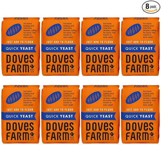 Doves Farm Quick Yeast 4.41 oz (Pack of 8) - Fast Acting Gluten Free Yeast for Baking Bread, Pizza Dough, Rolls | For Hand Baking and Bread Machine | Quick, Fast, Instant, Rapid Rise Leavening Agent