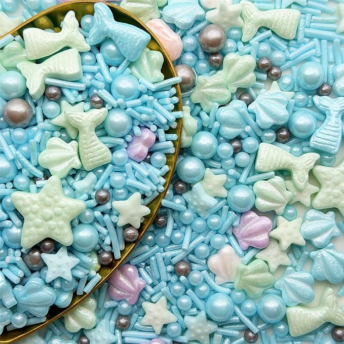 CandiJumpin Under The Sea Sprinkles, Edible Seashells and Starfish for Cake Decorating Ocean Themed Cake Decorations Teal Seashells and Mermaid Sugar Decorations Baby Shower Party Birthday Wedding Christmas Supplies 3 OZ