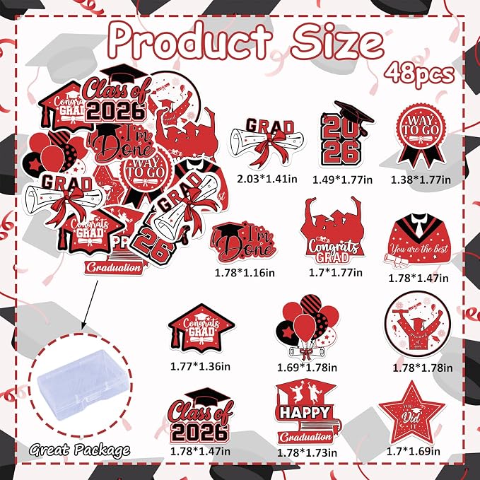 48pcs Edible 2026 Graduation Cupcake Toppers Wafer Paper Red Class of 2026 Cake Decorations Edible Congrats Grad Cupcake Picks for 2026 Graduation Theme Party Cake Supplies
