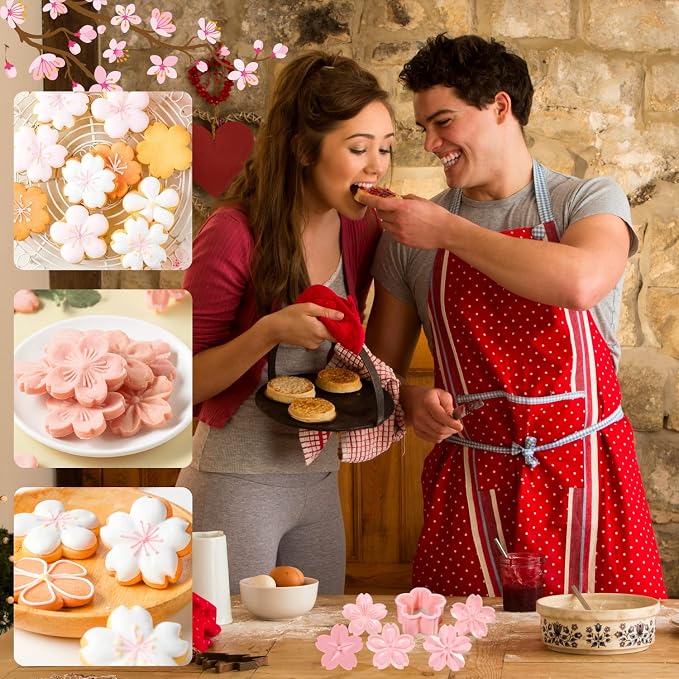 Crethinkaty 5 Styles Cookie Mold Stampers Cherry Blossom Pastry/Stamper Pink Cherry Blossom Shape Flower Hand Pressure Pastry Tool Fondant Cutters Set for Baking