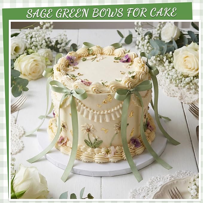 30 Pack Sage Green Bow Cake Toppers Ribbon Bows for Cake Bow Cupcake Toppers for Camping Birthday Party Decorations, Wedding, Bridal Baby Shower, Engagement, Bachelorette Party