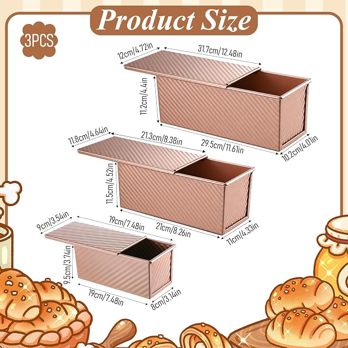 3 Pcs Pullman Loaf Pan with Lid, 2.2LB 1LB 0.5LB Non-Stick Carbon Steel Sandwich Sourdough Bread Pans Golden Corrugated Toast Mold for Homemade Baking Bread