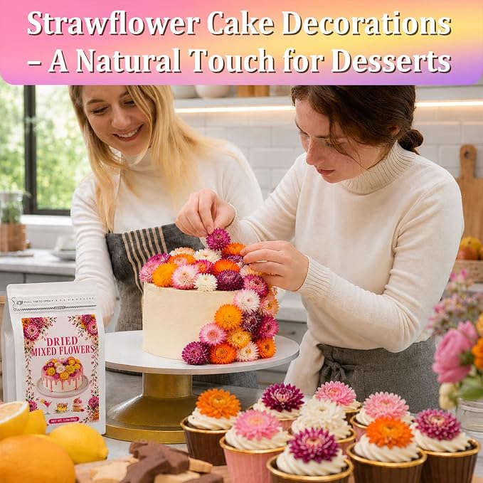 130+ Edible Dried Mixed Flowers for Cake Decorations - Food Grade Natural Color Strawflower, Dried Flower for Drink Toppers, Cocktail Garnish, Cupcakes & DIY Crafts
